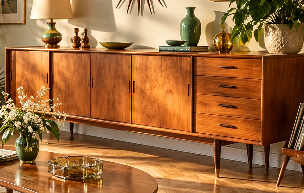 Teak-Sideboard mit Schubladen und konischen Beinen