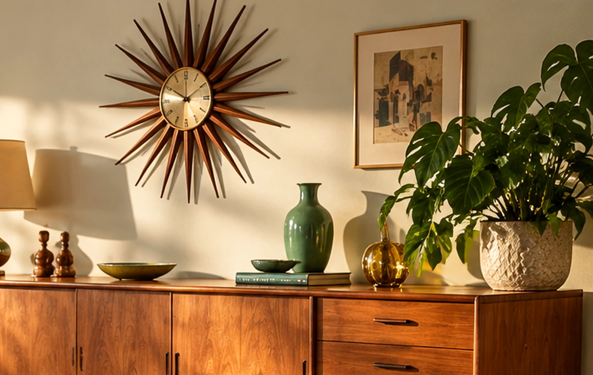 Dekorative Details und Pflanzen in einem wohnlichen Interieur der Fünfziger