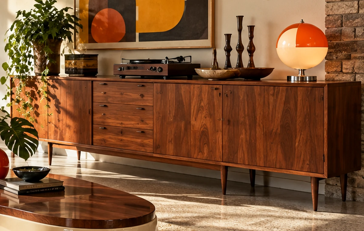 Vintage-Sideboard mit dekorativen Objekten und warmem Holzfurnier
