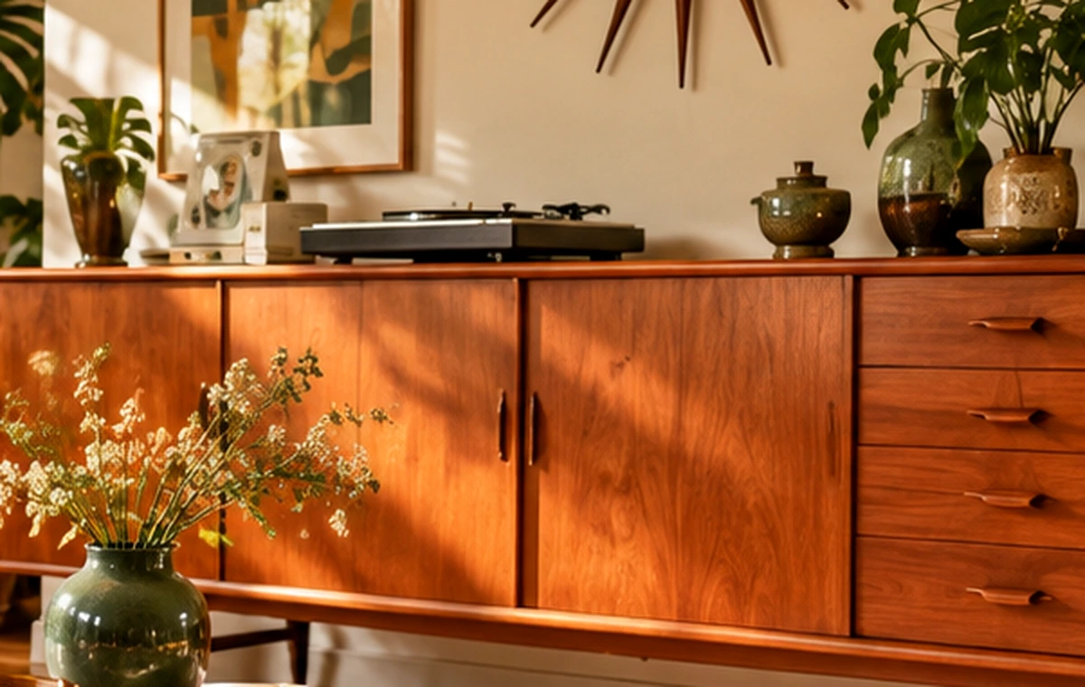 Keramikobjekte als dekorative Akzente auf einem Vintage-Sideboard