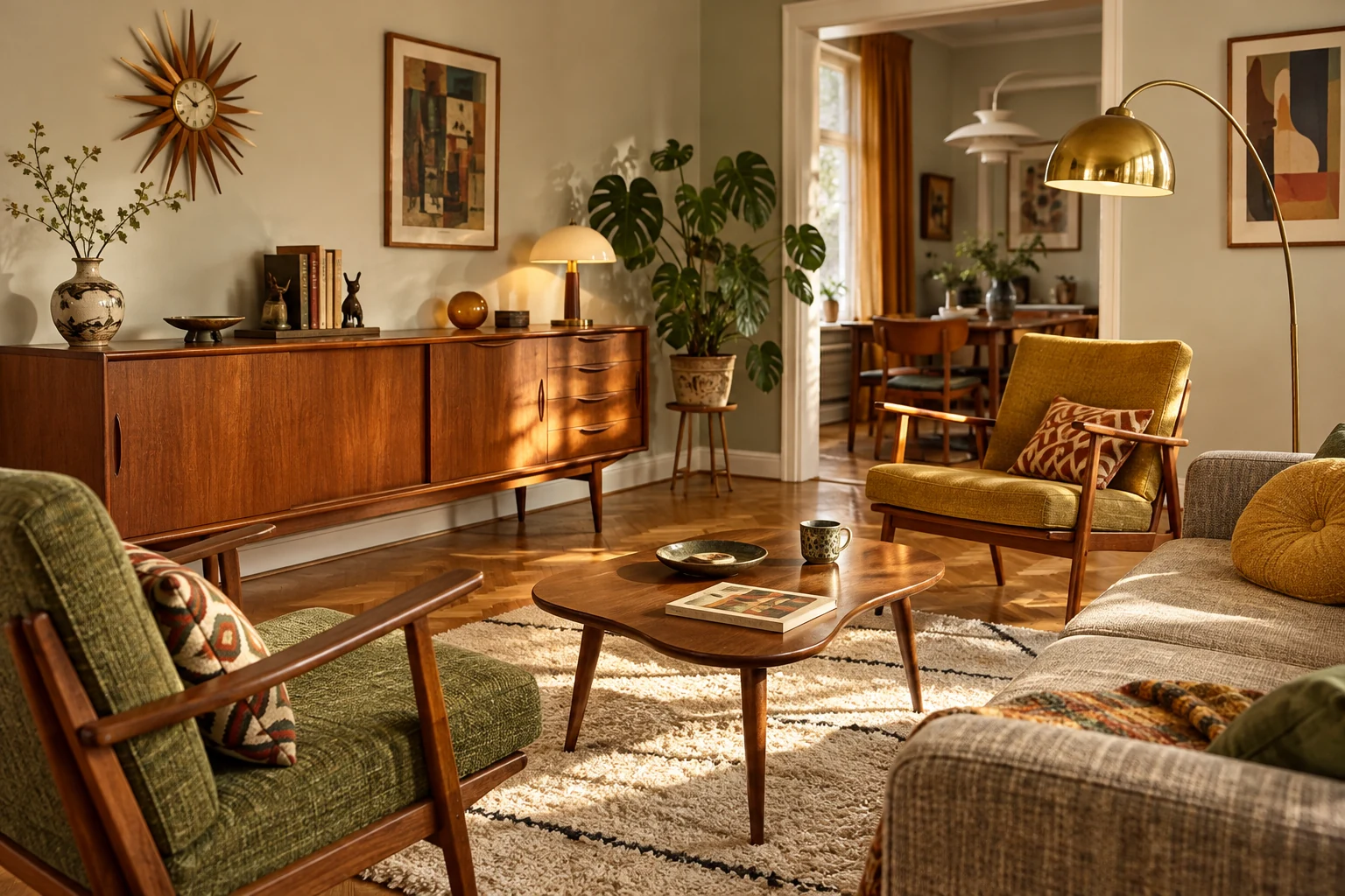 Wohnzimmer im Stil der 1950er-Jahre mit filigranen Holzbeinen