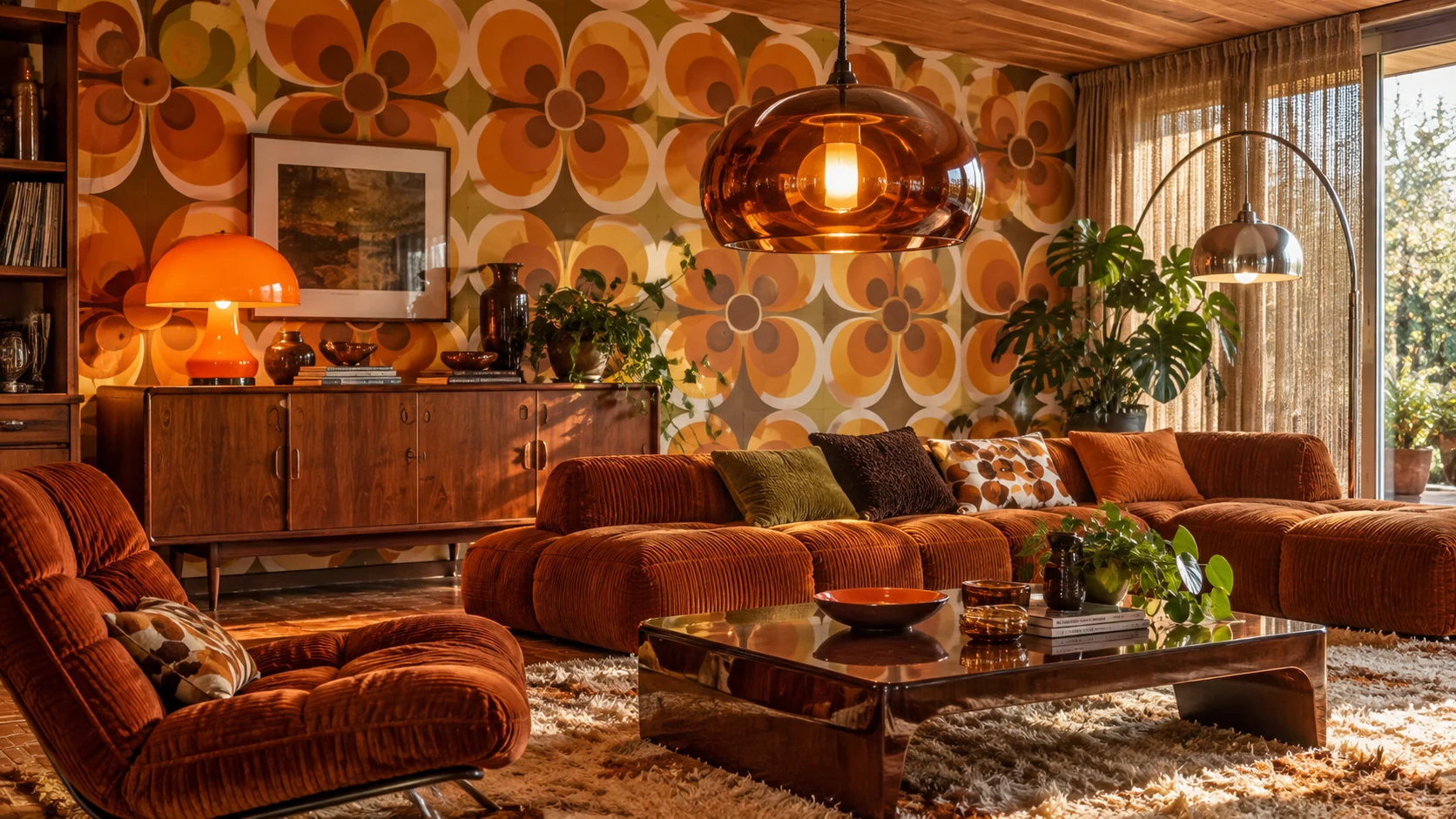 Wohnzimmer der 1970er mit warmen Farben und natürlichen Texturen