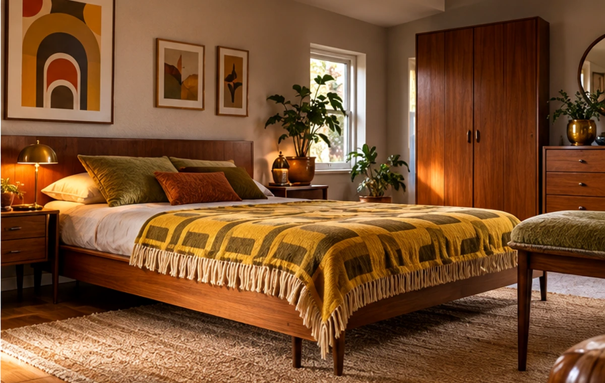Retro-Schlafzimmer mit Holzrahmenbett und warmen Textilien