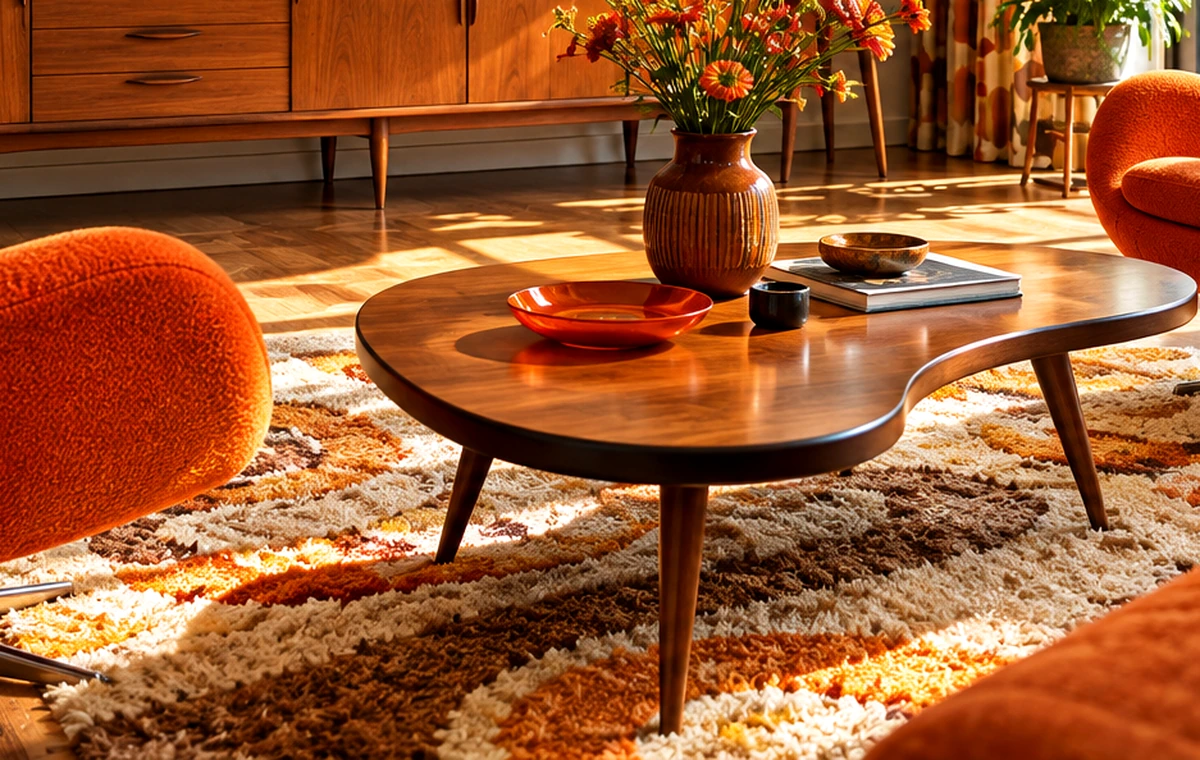Retro-Wohnzimmer mit Teppich, Couchtisch und abgestimmten Texturen